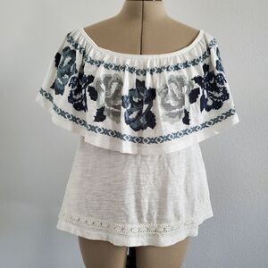 Free People Top Women's XS White Blue Cotton Off Shoulder Embroidered Romantic